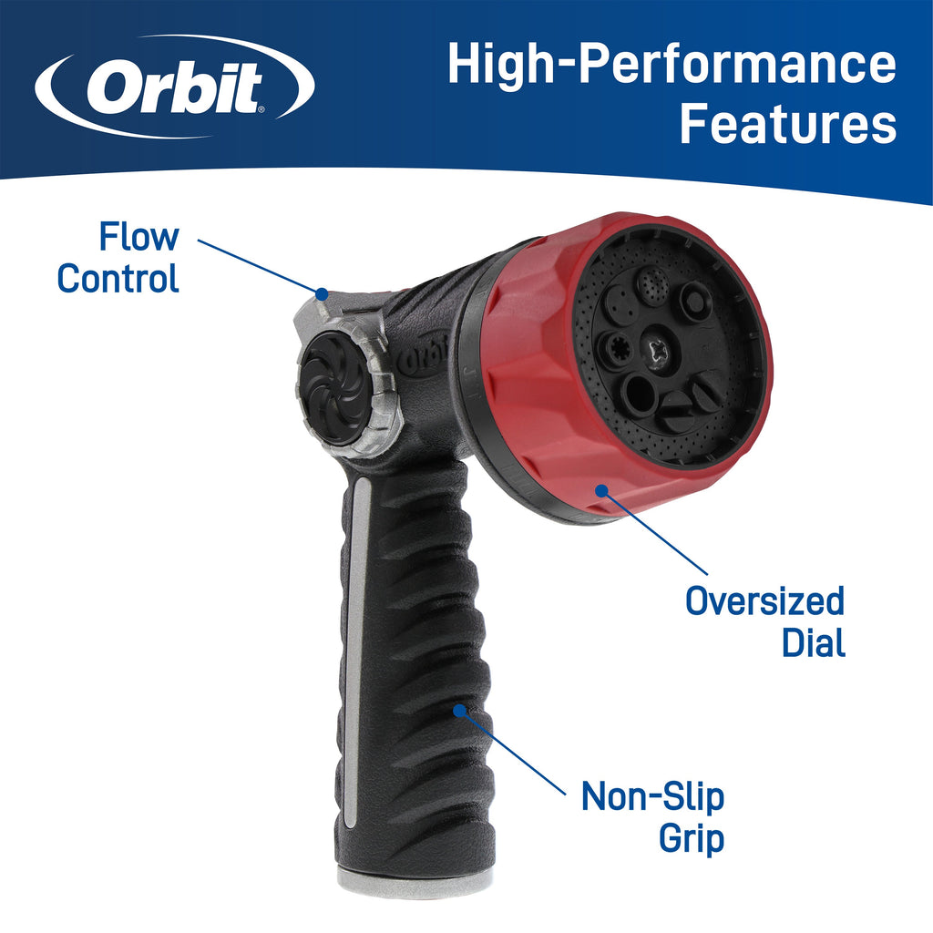 Orbit 8-pattern garden hose nozzle with thumb flow control