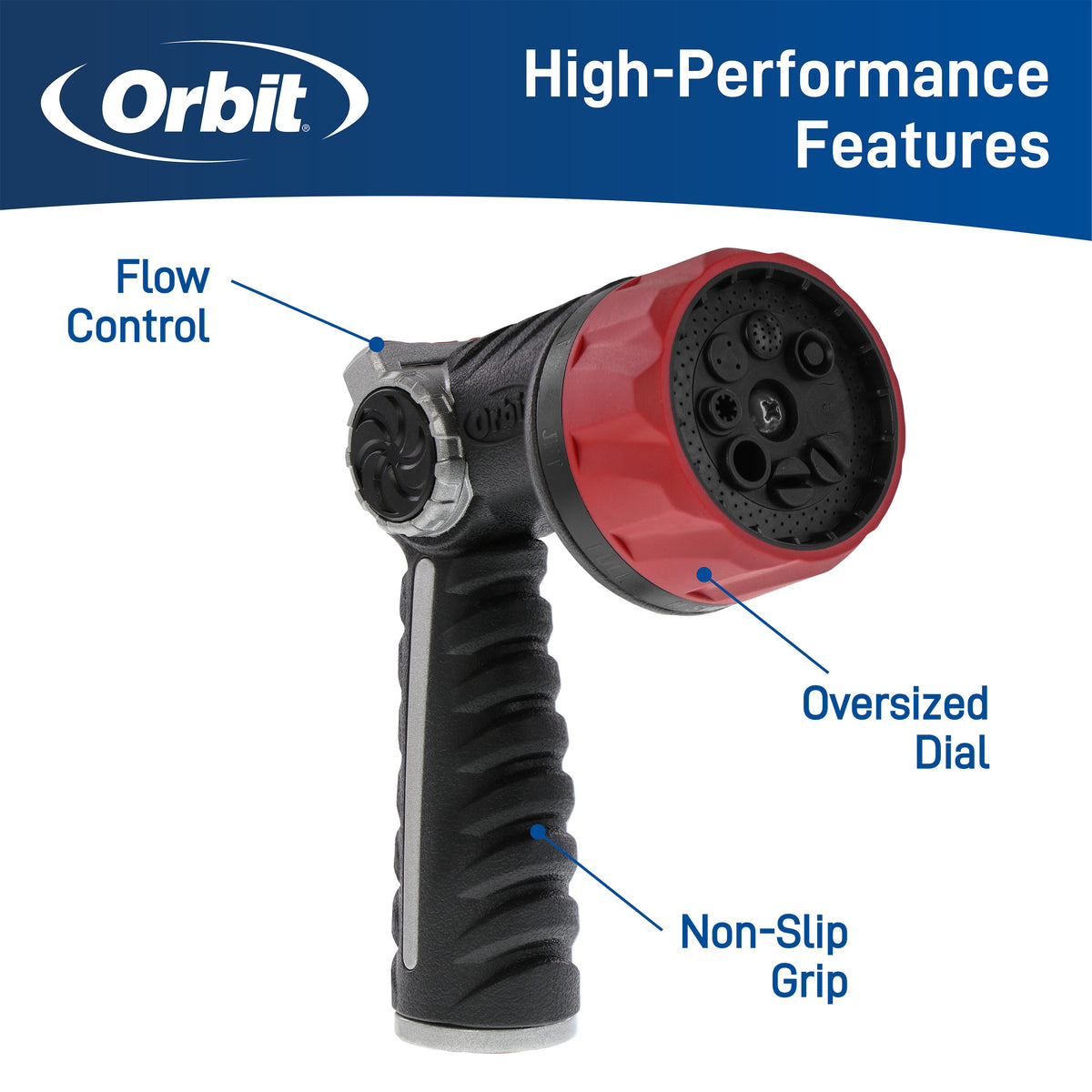 Orbit 8-pattern garden hose nozzle with thumb flow control