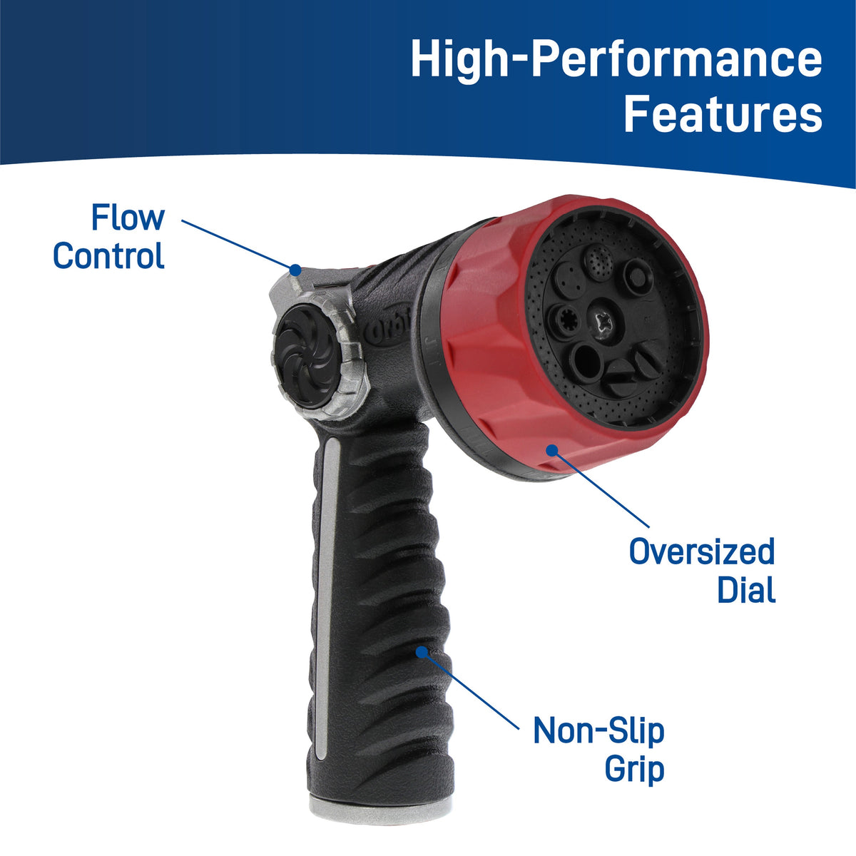 Orbit 8-pattern hose nozzle spray settings for outdoor watering