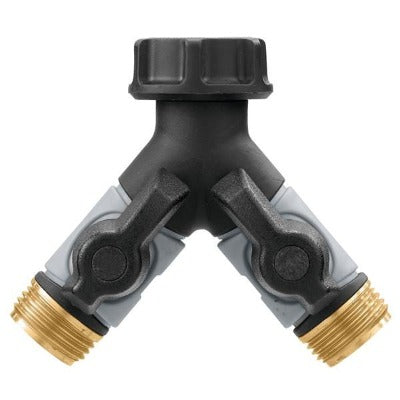 Orbit metal 2-way garden hose Y connector with shut-off valves