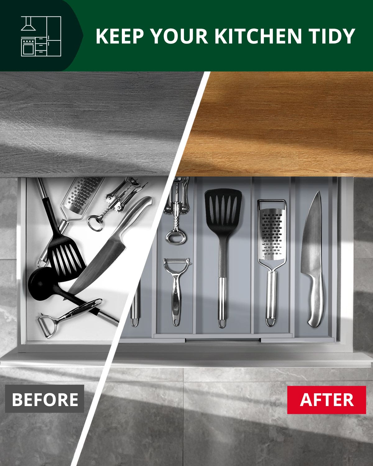 Royal Craft Wood silverware organizer inside a kitchen drawer