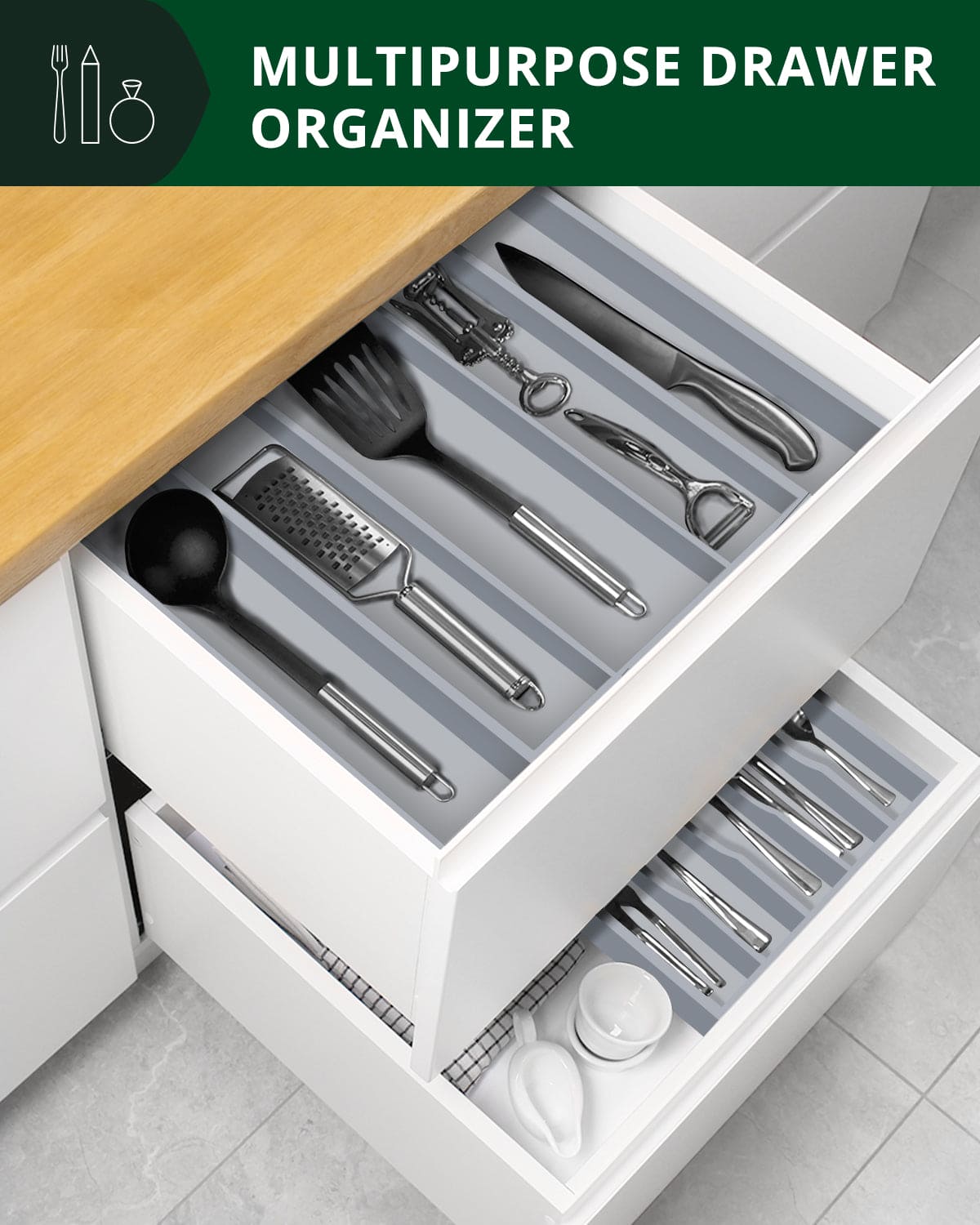 Five-compartment kitchen utensil drawer organizer in gray