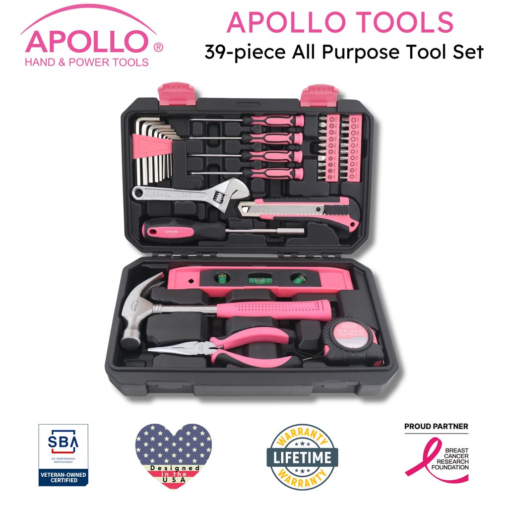 Apollo Tools brand graphic for 39-piece pink household tool kit
