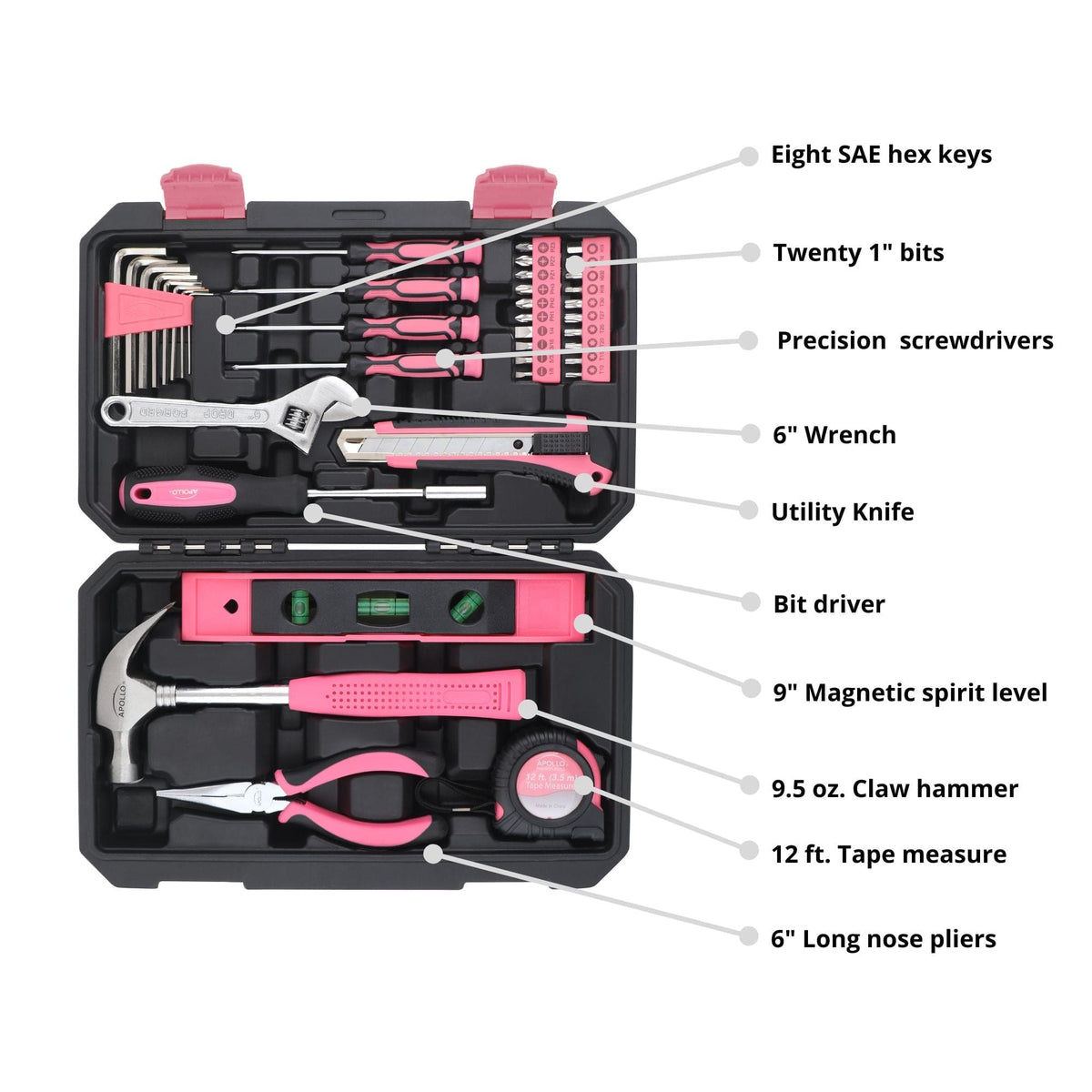 Apollo Tools 39-piece pink tool kit feature callouts
