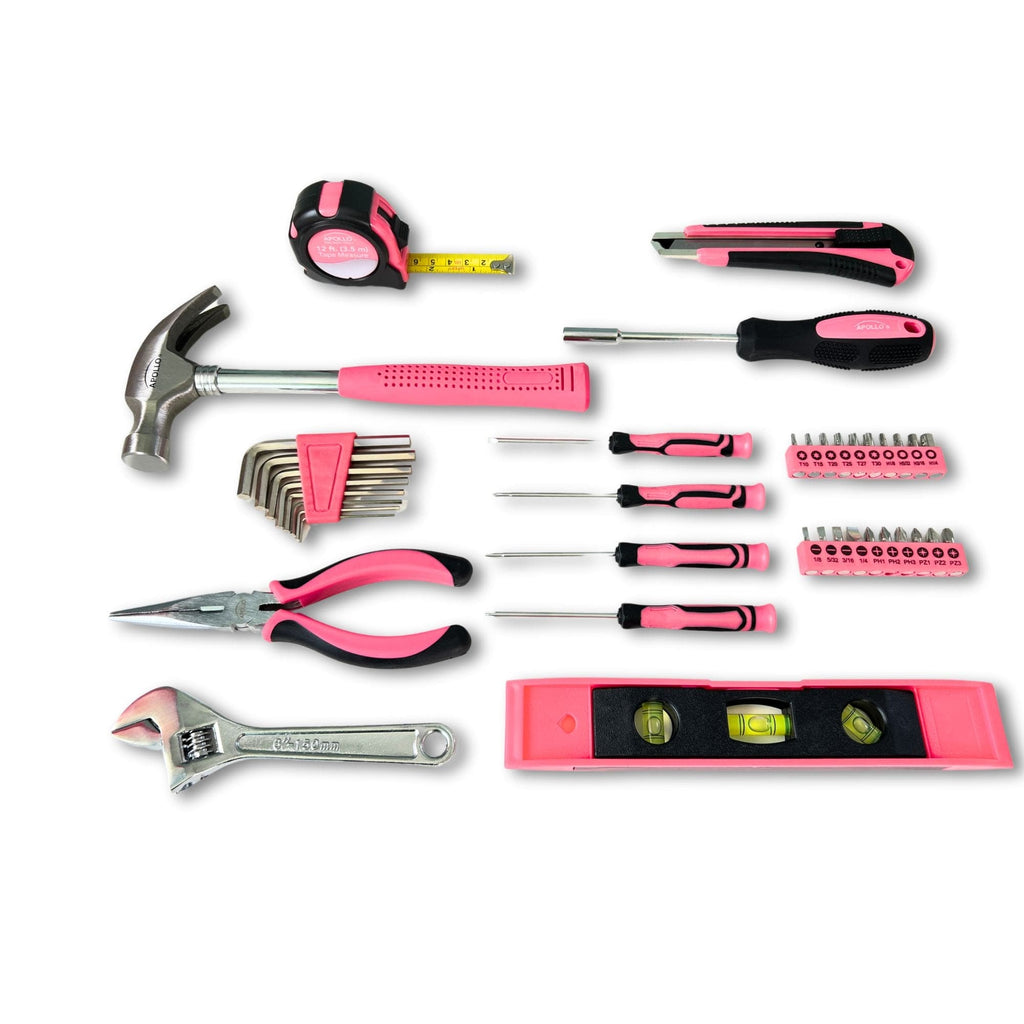 Apollo Tools pink household tool kit included tools and details
