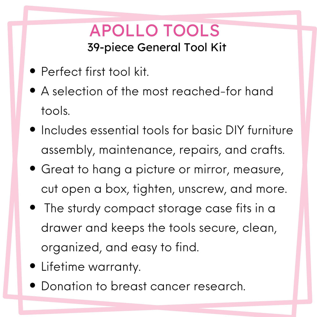 Apollo Tools pink tool set features and storage case