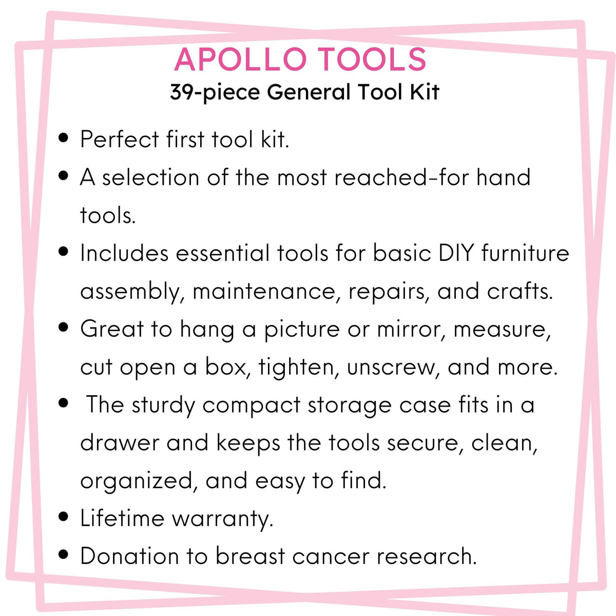 Apollo Tools pink tool set features and storage case