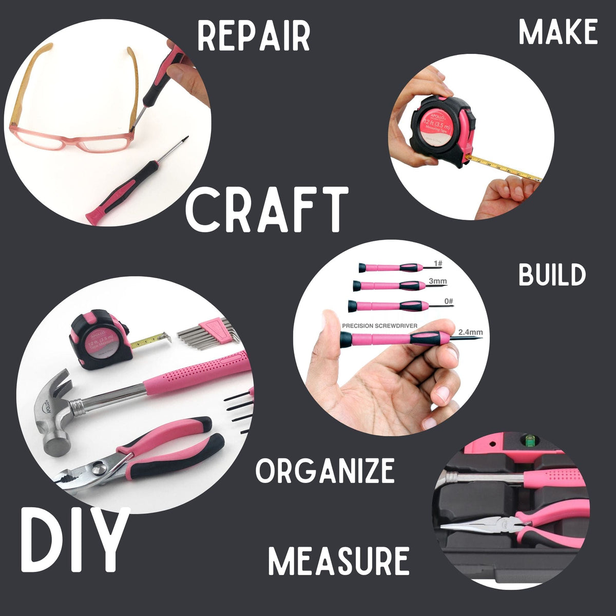 Apollo Tools pink household tool kit arranged with storage case