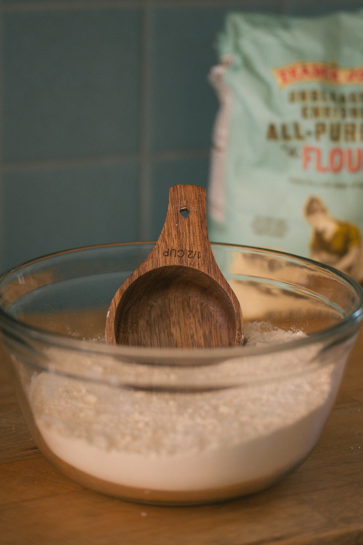 Natural wooden measuring cups with smooth handles
