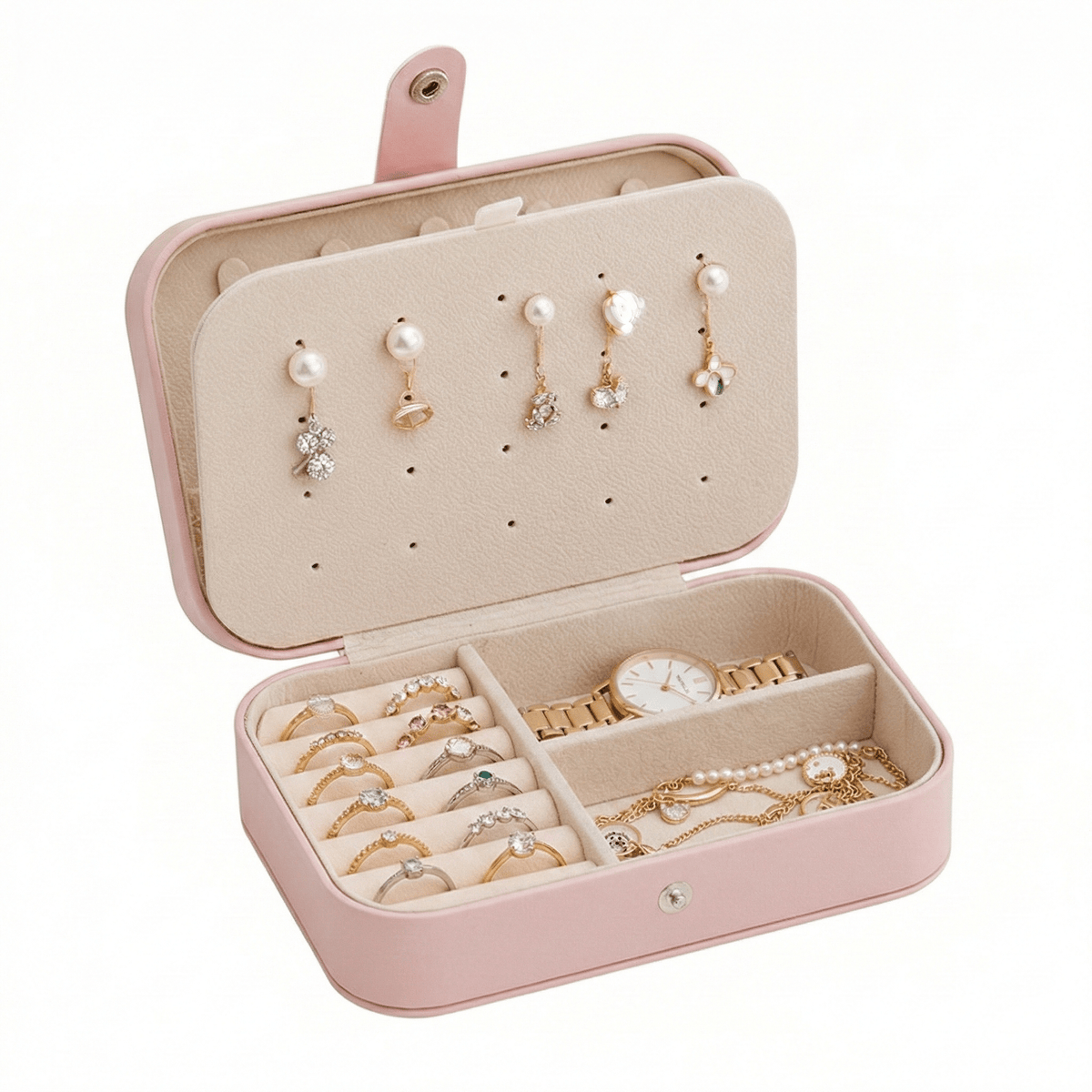 Portable travel jewelry box interior organizer compartments