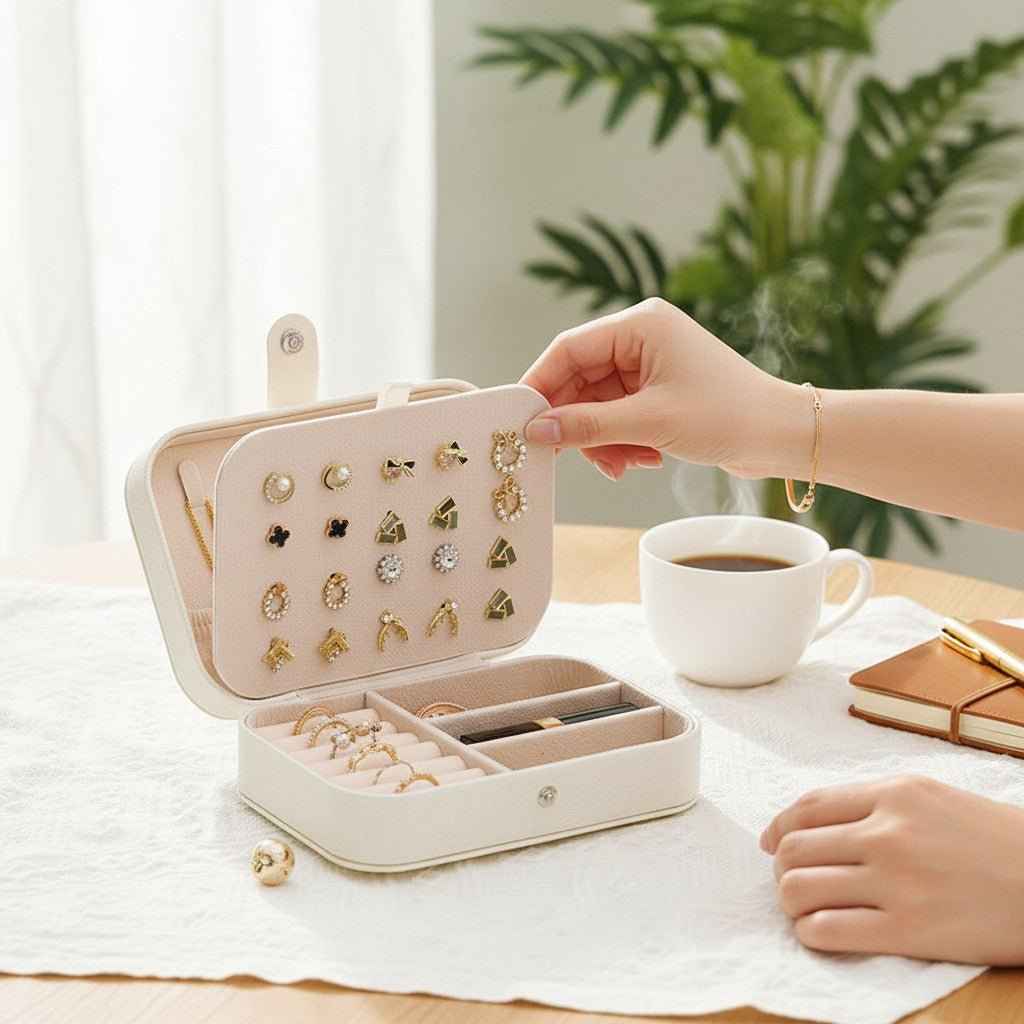 Small travel jewelry organizer with necklace hooks and compartments